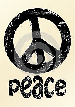 Black anti war symbole in grunge style with inscription peace on beige background.