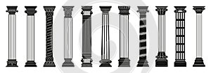 Black antique columns. Ancient roman doric columns with carved decorative elements, old greek architecture construction