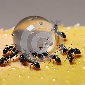 Black ants eating honey drop. Concept of teamwork or hardworking or unity