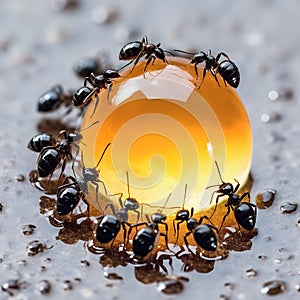 Black ants eating honey drop. Concept of teamwork or hardworking or unity