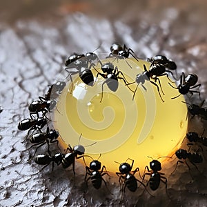 Black ants eating honey drop. Concept of teamwork or hardworking or unity