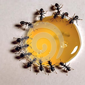 Black ants eating honey drop. Concept of teamwork or hardworking or unity