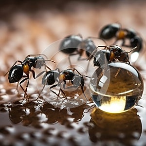 Black ants eating honey drop. Concept of teamwork or hardworking or unity.