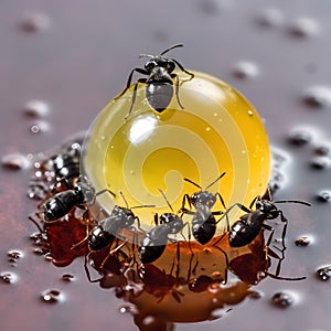 Black ants eating honey drop. Concept of teamwork or hardworking or unity