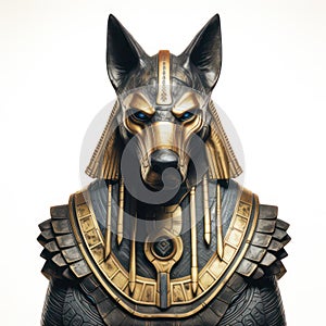 Black anubis statue with golden jewellry isolated on white created with Generative AI