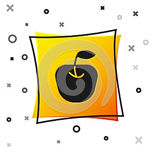 Black Apple icon isolated on white background. Fruit with leaf symbol. Yellow square button. Vector