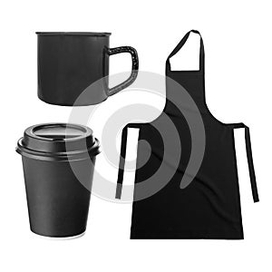 Black apron, with coffee cup, mug on white photo