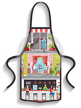 Black apron with image of people eating in cafe. Clothing for cooking restaurant meals at home