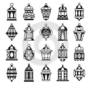 Black Arabic lantern. Oriental Muslim fanous silhouette. Vintage Arabian Ramadan holiday moon symbol. Traditional