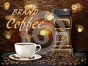 Black Arabica coffee cup with beans ads. 3d illustration of hot coffee mug. Product retro design with bokeh and brick