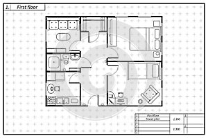 Black architecture plan of house in blueprint style