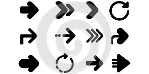 Black arrow icon set in bold flat silhouettes featuring curves loops double arrows and dotted styles photo