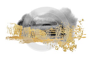 Black Art Watercolor flow blot with gold elements. Abstract texture color stain on white background