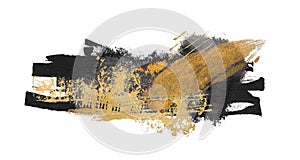 Black Art Watercolor flow blot with gold elements. Abstract texture color stain on white background