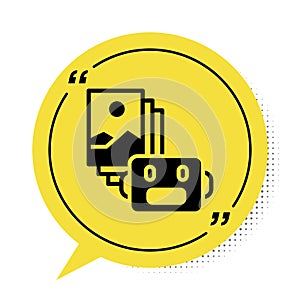 Black Artificial intelligence robot icon isolated on white background. Machine learning, cloud computing. Yellow speech