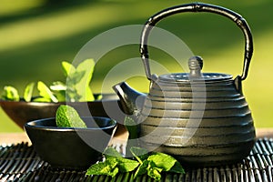 In ferro nero asiatico teiera con i rametti di menta per il tè.
