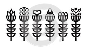 Black assorted abstract isolated thick line art deco vertical blooming flowers with leaves icons set on white