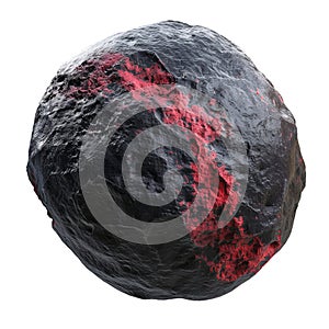 Black asteroid with red particles floating in outer space