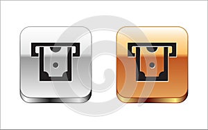 Black ATM - Automated teller machine and money icon isolated on white background. Silver-gold square button. Vector