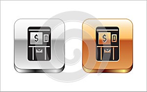 Black ATM - Automated teller machine and money icon isolated on white background. Silver-gold square button. Vector