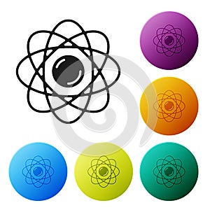 Black Atom icon isolated on white background. Symbol of science, education, nuclear physics, scientific research. Set