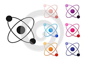 Black Atom icon isolated on white background. Symbol of science, education, nuclear physics, scientific research. Set