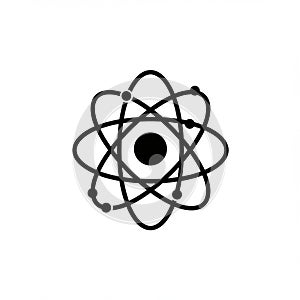 A black atom symbol on a white background, featuring a central circle representing th