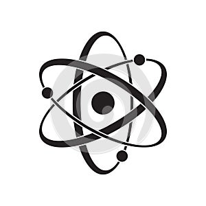 Black Atom vector icon. Symbol of science, education, nuclear physics, scientific research. Three electrons rotate in orbits