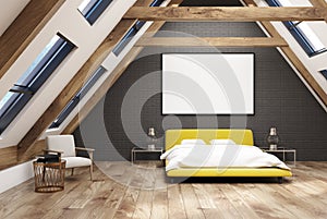 Black attic bedroom interior, yellow bed