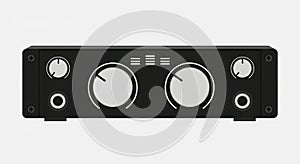 Black audio amplifier with knobs and dials on a white background