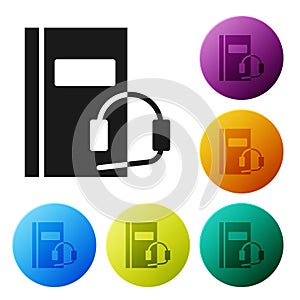 Black Audio book icon isolated on white background. Book with headphones. Audio guide sign. Online learning concept. Set