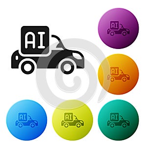 Black Autonomous artificial Intelligence smart car icon isolated on white background. Set icons in color circle buttons