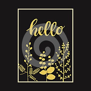 Black autumn background with gold leaves and hand drawn word hello in a frame