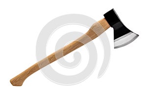 Black ax with wooden handle isolated on white background