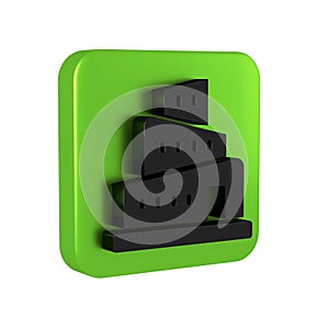 Black Babel tower bible story icon isolated on transparent background. Green square button.