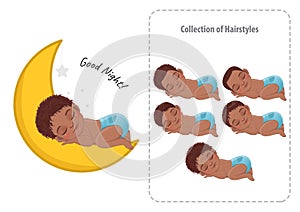 Black Baby Boy Sleeping Collection Cartoon Character Vector