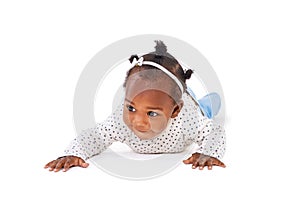 Black baby, curious or crawl to explore, play or learn of mobility, motor skill or child development. Girl, toddler or