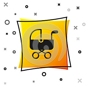 Black Baby stroller icon isolated on white background. Baby carriage, buggy, pram, stroller, wheel. Yellow square button