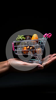 Black background accentuates hand holding mini cart, a visual shopping experience.