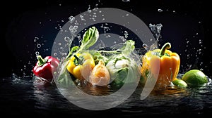 Black background with an assortment of fresh vegetables, fruits, and water splashes.