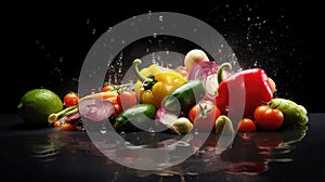 Black background with an assortment of fresh vegetables, fruits, and water splashes.