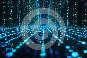 A black background with blue and green vertical binary code, creating an abstract digital matrix pattern. the image is captur