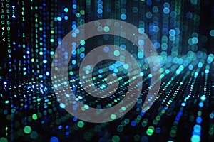 A black background with blue and green vertical binary code, creating an abstract digital matrix pattern. the image is captur
