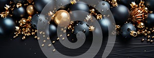 Black Background with Black Christmas Balls and a Swirl of Golden Glitter to Create Festive Atmosphere...Refined Frame on Black