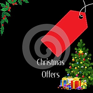 Black background, Christmas tree, red price tag and Christmas decorations