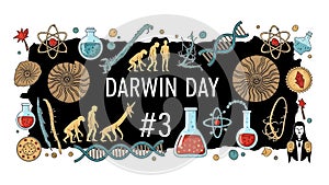 Darwin Day illustration with evolution stages and science symbols biology