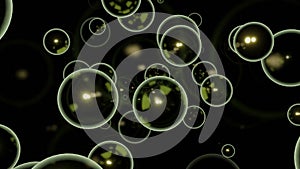 Black background. Design.Bright bubbles with white and yellow illumination of large size in the animation fly in