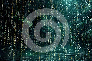 Black background, digital rain of numbers falling from the sky. the numbers form complex patterns that resemble code or data