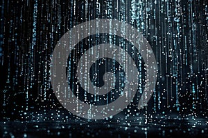 Black background, digital rain of numbers falling from the sky. the numbers form complex patterns that resemble code or data