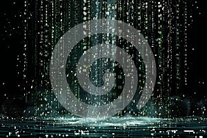 Black background, digital rain of numbers falling from the sky. the numbers form complex patterns that resemble code or data